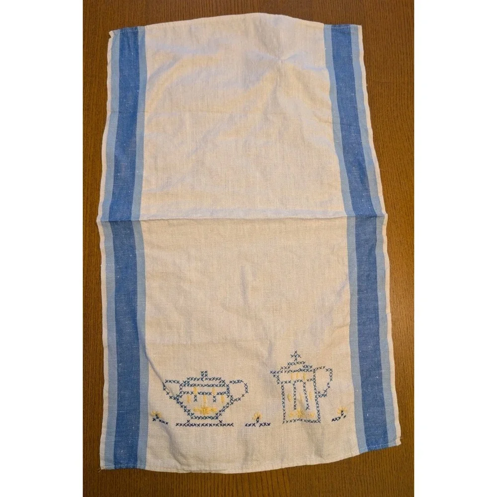 Vtg Cross‎ Stitch Embroidered Tea Towel White Blue Linen Coffee Sugar